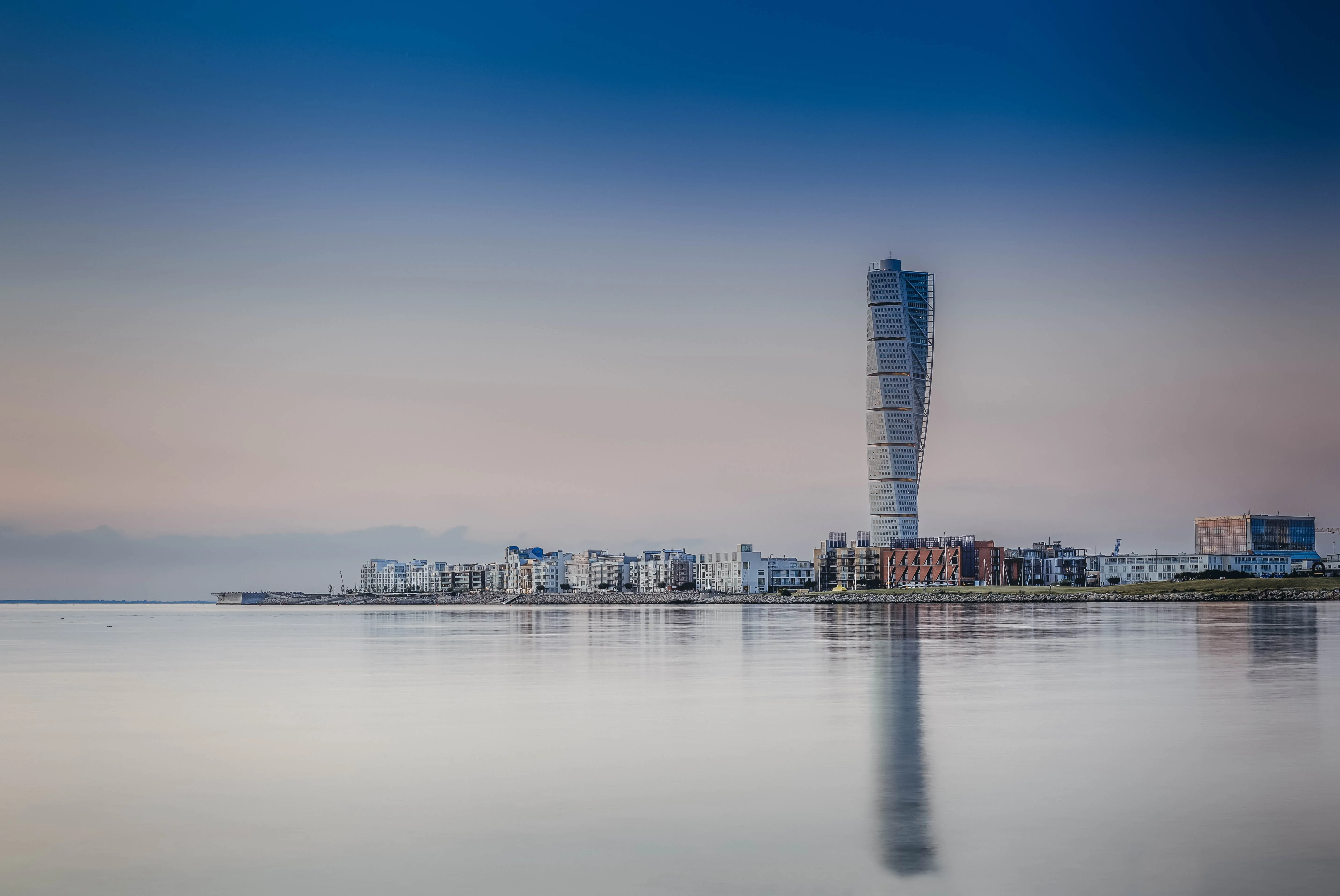 Skyline of Malmo with Turning Torso Skyscraper seen from Sea